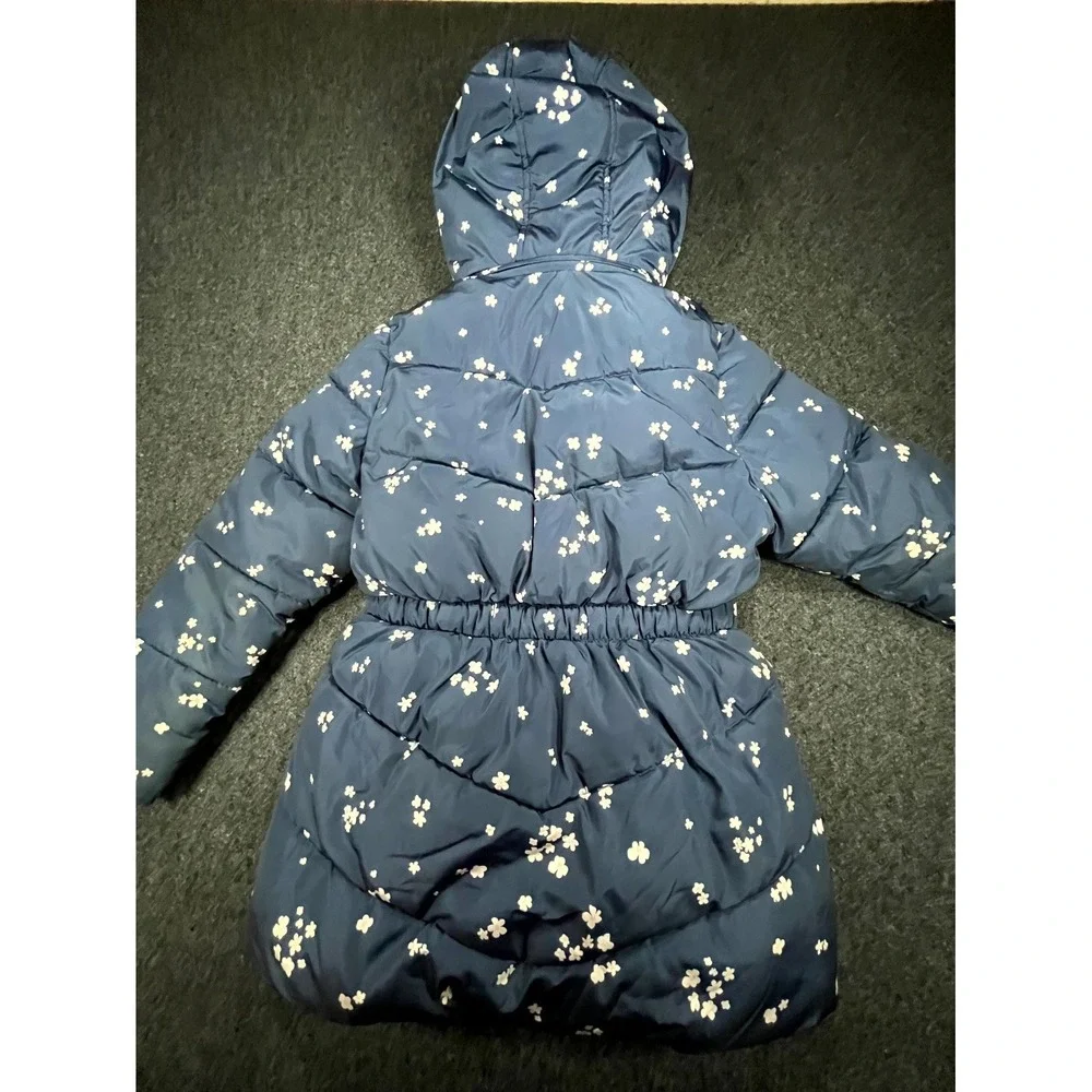 Member's Mark Puffer Jacket Girls M 7/8 Navy Blue Floral Faux Fur Hood Full Zip